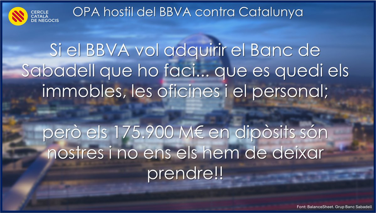 CAT aportarà al BBVA 234.500 M€ en dipòsits dels clients (CX+Unnim+BS)

L’IBEX 35 obre foc contra CAT en un moment en que ens tenen dividits, desorganitzats i sense liderats.

Esperem però, que aquest nou embat serveixi per mobilitzar-nos com mai ho hem fet abans !