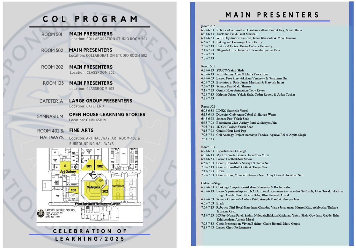 Larson Middle School (@larsonms) on Twitter photo Tomorrow, 5/28 6-8pm there will be around 144 Ss sharing about various projects and experiences they have been part of here at Larson. It is the 2025 Celebration of Learning, check the schedule below. Come join us <a href="/TroyUnion/">Troy Union Elementary School</a> <a href="/WassWolves/">Wass Elementary</a> <a href="/Hill_Huskies/">Hill Elementary School</a> <a href="/Costello_Tweets/">Costello Elementary</a> <a href="/troyschools/">TroySchools</a> Tomorrow, 5/28 6-8pm there will be around 144 Ss sharing about various projects and experiences they have been part of here at Larson. It is the 2025 Celebration of Learning, check the schedule below. Come join us <a href="/TroyUnion/">Troy Union Elementary School</a> <a href="/WassWolves/">Wass Elementary</a> <a href="/Hill_Huskies/">Hill Elementary School</a> <a href="/Costello_Tweets/">Costello Elementary</a> <a href="/troyschools/">TroySchools</a>