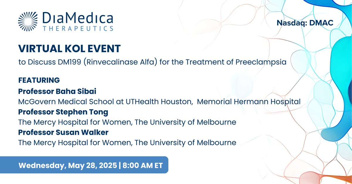 Join <a href="/diamedica/">DiaMedica Therapeutics</a> $DMAC for a virtual KOL event on May 28 at 8am ET featuring Professors Sibai, Tong and Walker, who will discuss the unmet need and treatment landscape for preeclampsia, and review the Phase 2 trial design and key endpoints.

Register: bit.ly/43MtXuq