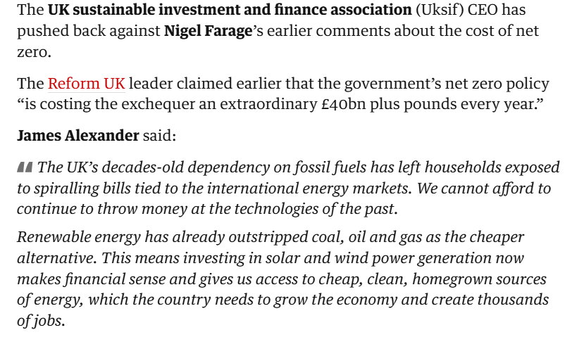 dpwhitbread's tweet image. UKSIF has been featured in the @guardian after pushing back on Nigel Farage's comments that the UK 'cannot afford' net zero. Full statement below.
