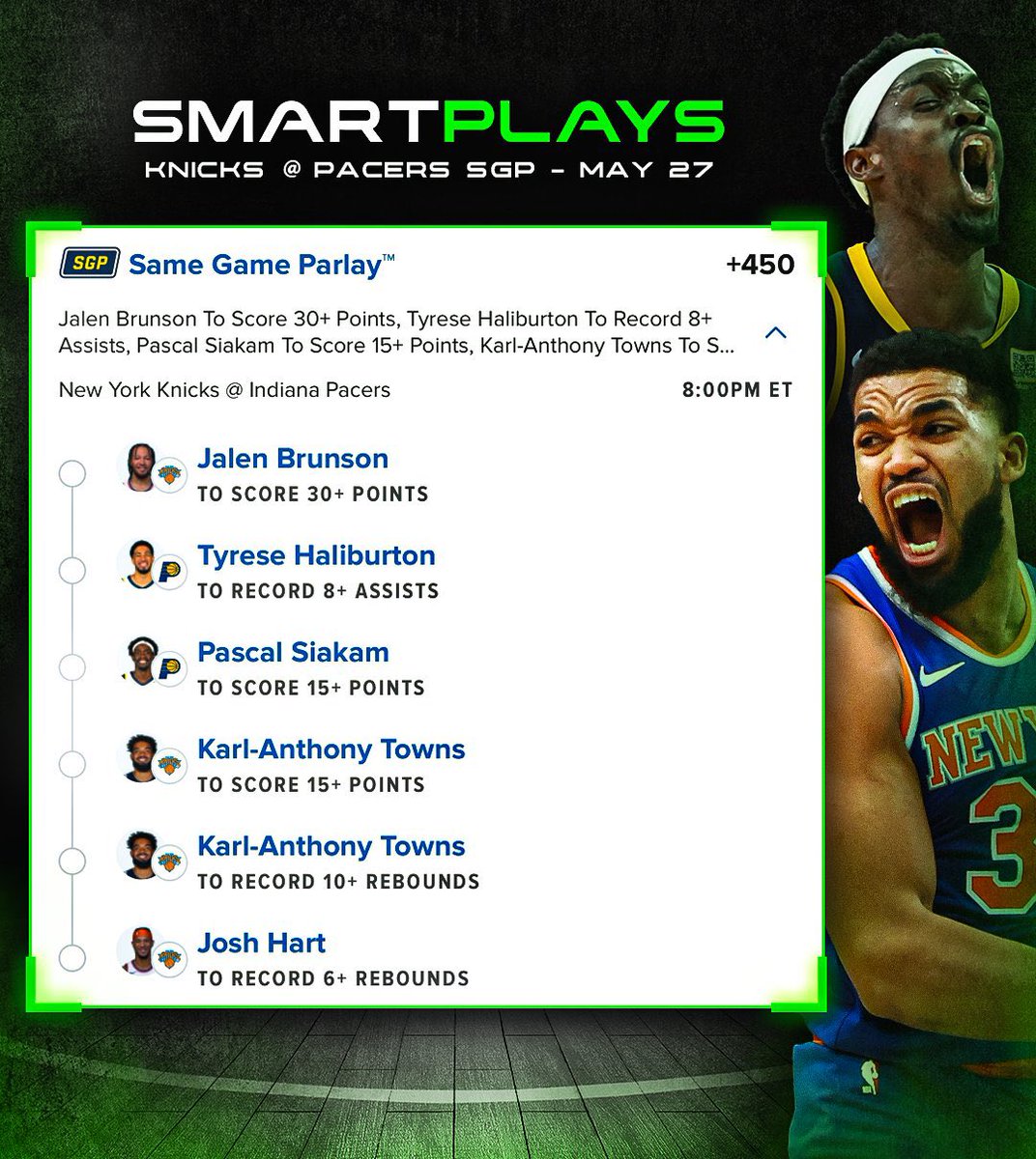 SmartPlaysDaily's tweet photo. NBA Playoffs • Same Game Parlay 🏀 (+450)

Get all my plays -> @VIPsmartplays https://t.co/oRsXlJf2E4