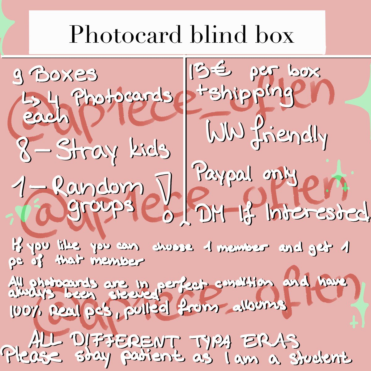 kyo8stars's tweet photo. 🎀WW friendly, based in 🇩🇪
Please DM me if you’re interested and i’d appreciate many shares!🩷🩷
15€ + 1.80€ shipping
—I accept no liability for loss or damage caused by the postal service—
#straykidswts #photocardsale #hugewts #skzwts #skzphotocardsale https://t.co/25u1Fay5kh