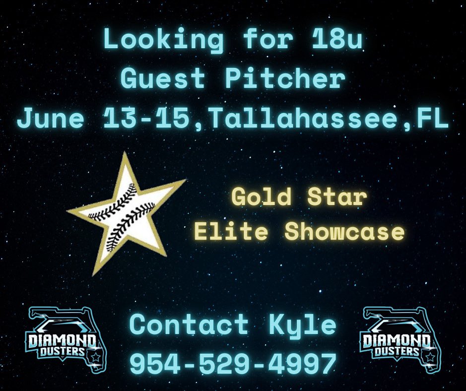 Diamond Dusters (@dustersdavis) on Twitter photo Need a guest pitcher for. <a href="/GoldstarElite/">GoldStar Events</a> June 13-15 in Tallahassee. Please reach out asap Need a guest pitcher for. <a href="/GoldstarElite/">GoldStar Events</a> June 13-15 in Tallahassee. Please reach out asap