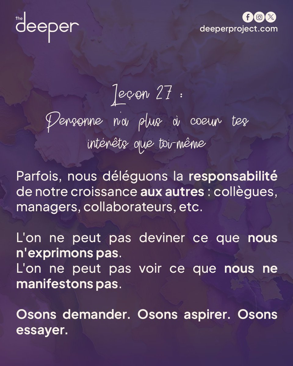 DeeperProject30's tweet photo. Leçon 27

Ce que tu ne dis pas, personne ne le saura.
Ce que tu ne demandes pas, tu ne l’auras peut-être jamais.
Personne ne lira dans tes pensées.
Alors, prends ta place. Défends ta vision.

#AllonsEnProfondeur #TheDeeper https://t.co/78uenmY8SA