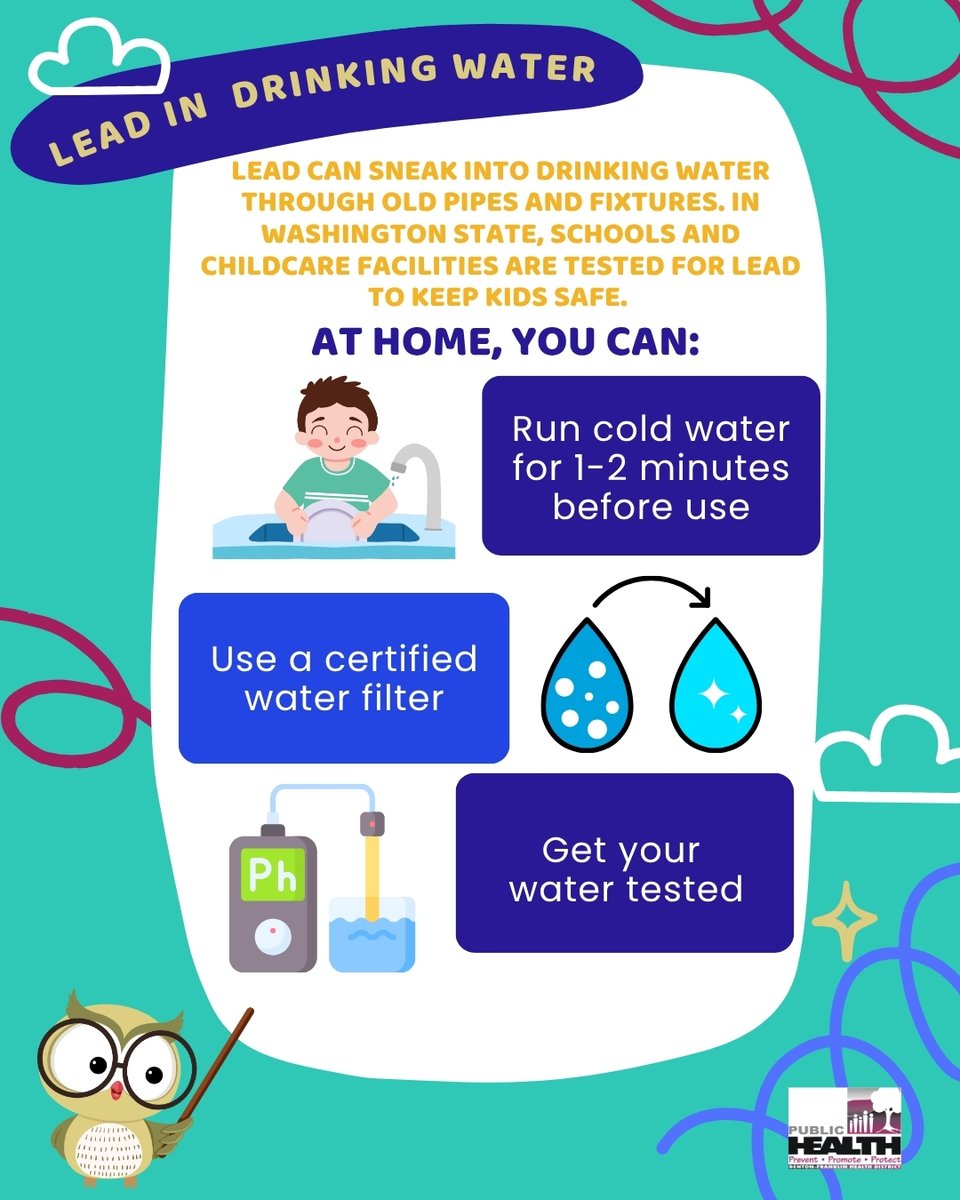💧 Lead can enter drinking water through old pipes &amp; fixtures. Even small amounts can be harmful—especially for kids.

At home, you can:
🔹 Run cold water 1–2 min
🔹 Use a certified filter
🔹 Test your water

More from BFHD: bfhd.wa.gov/programs_servi…
#SafeWater #LeadAwareness #BFHD