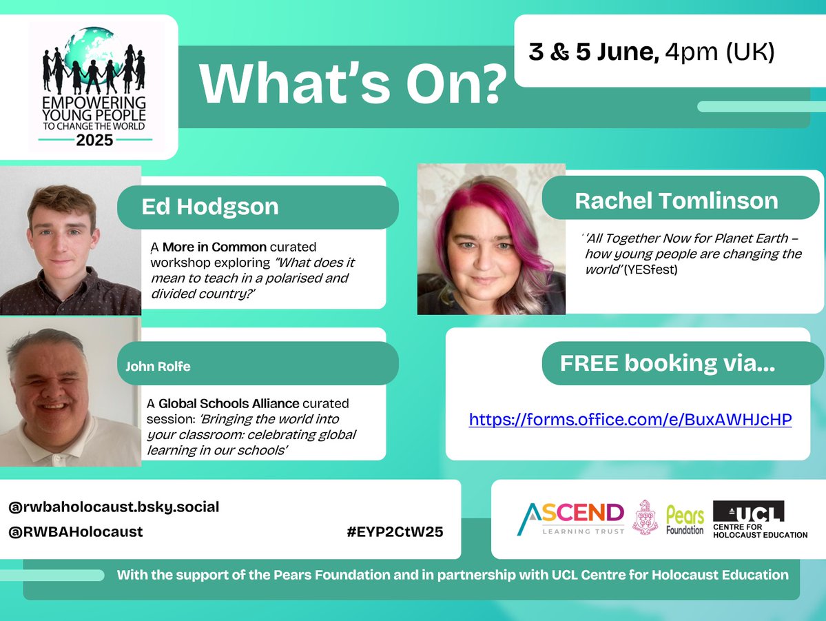 RWBAHolocaust (@rwbaholocaust) on Twitter photo #EYP2CtW25 online conf series pauses for half term, but returns:
🔴3 June, 4pm (GMT) w/ <a href="/edhodgsoned/">Ed Hodgson</a> <a href="/Moreincommon_/">More in Common</a>
🟢5 June, 4pm (GMT) w/ <a href="/BarrowfordHead/">Rachel Tomlinson FRSA #ubuntu</a> & <a href="/yorkshirejohn/">John Rolfe MBE</a> <a href="/GSchoolAlliance/">Global School Alliance</a>
FREE bk: forms.office.com/e/BuxAWHJcHP
To date, 3,117+ teacher engagements over 9 sessions! #EYP2CtW25 online conf series pauses for half term, but returns:
🔴3 June, 4pm (GMT) w/ <a href="/edhodgsoned/">Ed Hodgson</a> <a href="/Moreincommon_/">More in Common</a>
🟢5 June, 4pm (GMT) w/ <a href="/BarrowfordHead/">Rachel Tomlinson FRSA #ubuntu</a> & <a href="/yorkshirejohn/">John Rolfe MBE</a> <a href="/GSchoolAlliance/">Global School Alliance</a>
FREE bk: forms.office.com/e/BuxAWHJcHP
To date, 3,117+ teacher engagements over 9 sessions!