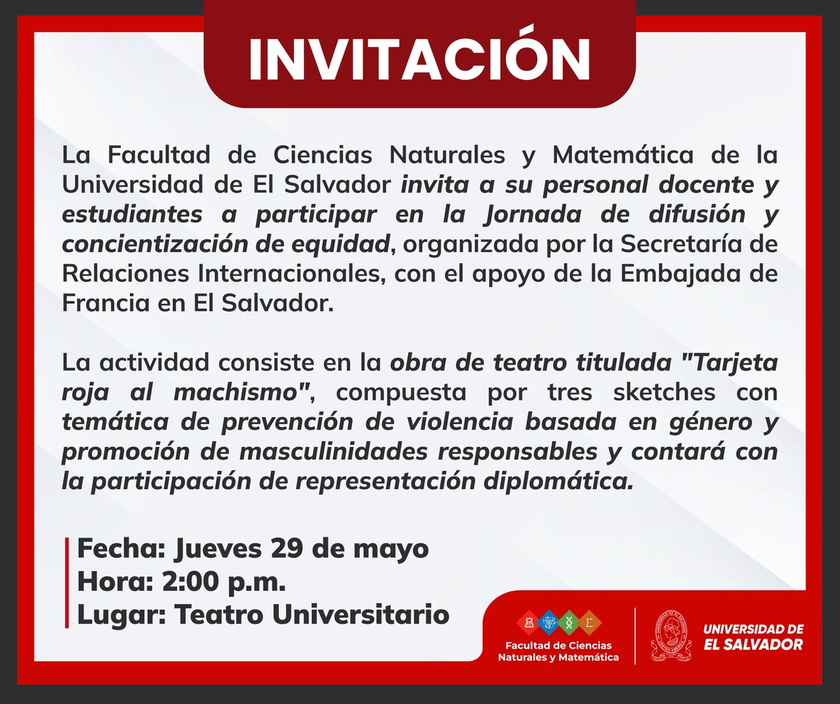 📌La Facultad de Ciencias Naturales y Matemática invita a su comunidad docente y estudiantil a la Jornada de difusión y concientización de equidad 📣