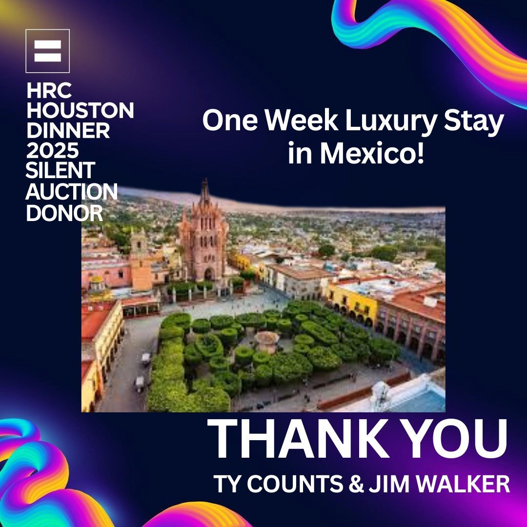 ✨ Escape to the heart of San Miguel de Allende! ✨

7-night stay in 2-bedroom, 2-bath luxury condo,12-minutes to main square. Perfect for up to 4 guests, this elegant retreat has comfort, style, &amp; walkable access.

#HRCHouston #SilentAuction2025 #SanMiguelDeAllende #LGBTQTravel