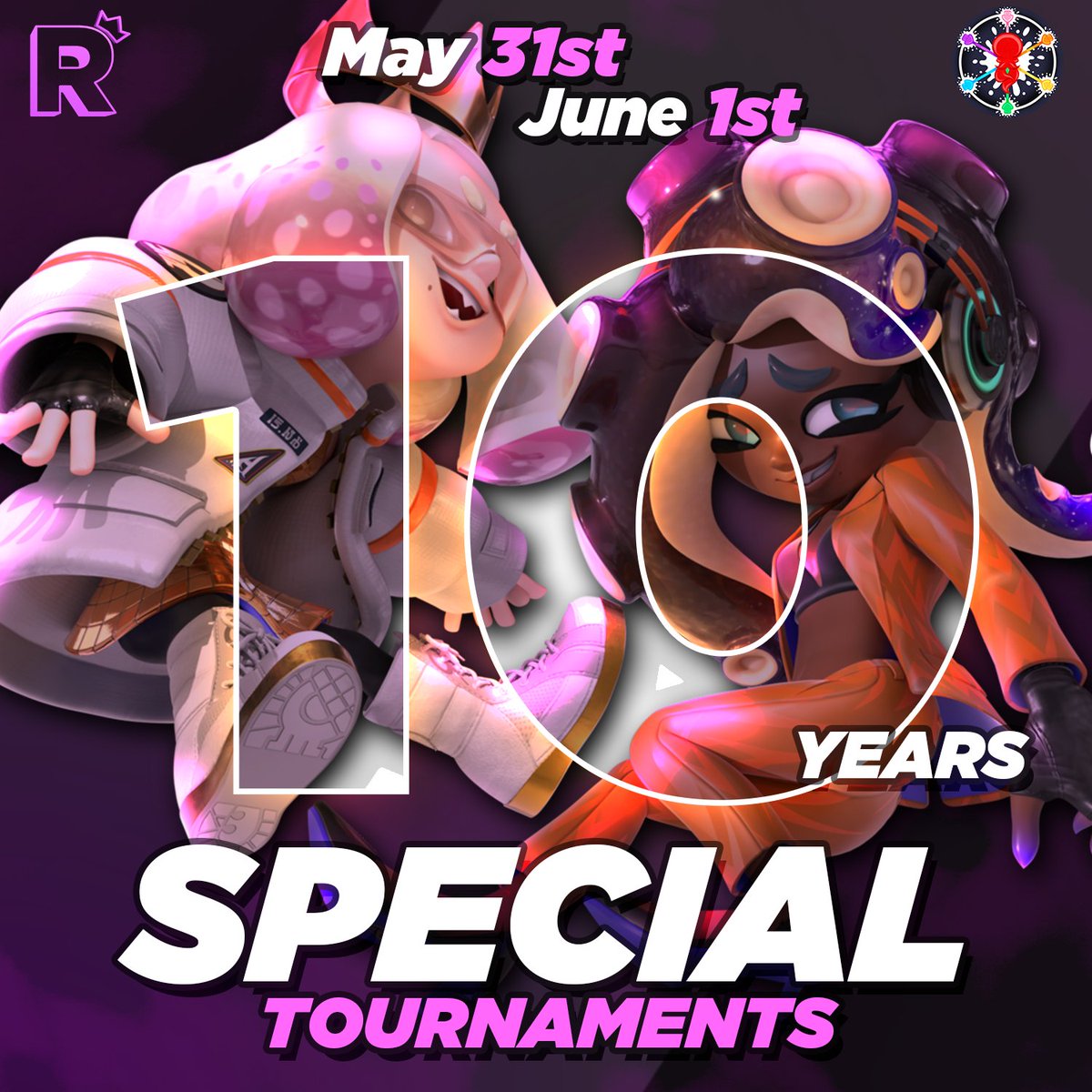 SPLATOON DECADE
TWO DAYS, TWO TOURNAMENTS

May 31st - Splatoon 2 
June 1st - Splatoon 3 (sendou badge)  
In collaboration with <a href="/ink_souls/">Ink Souls</a>  Inscriptions on sendou.ink .
Discord links below 📷