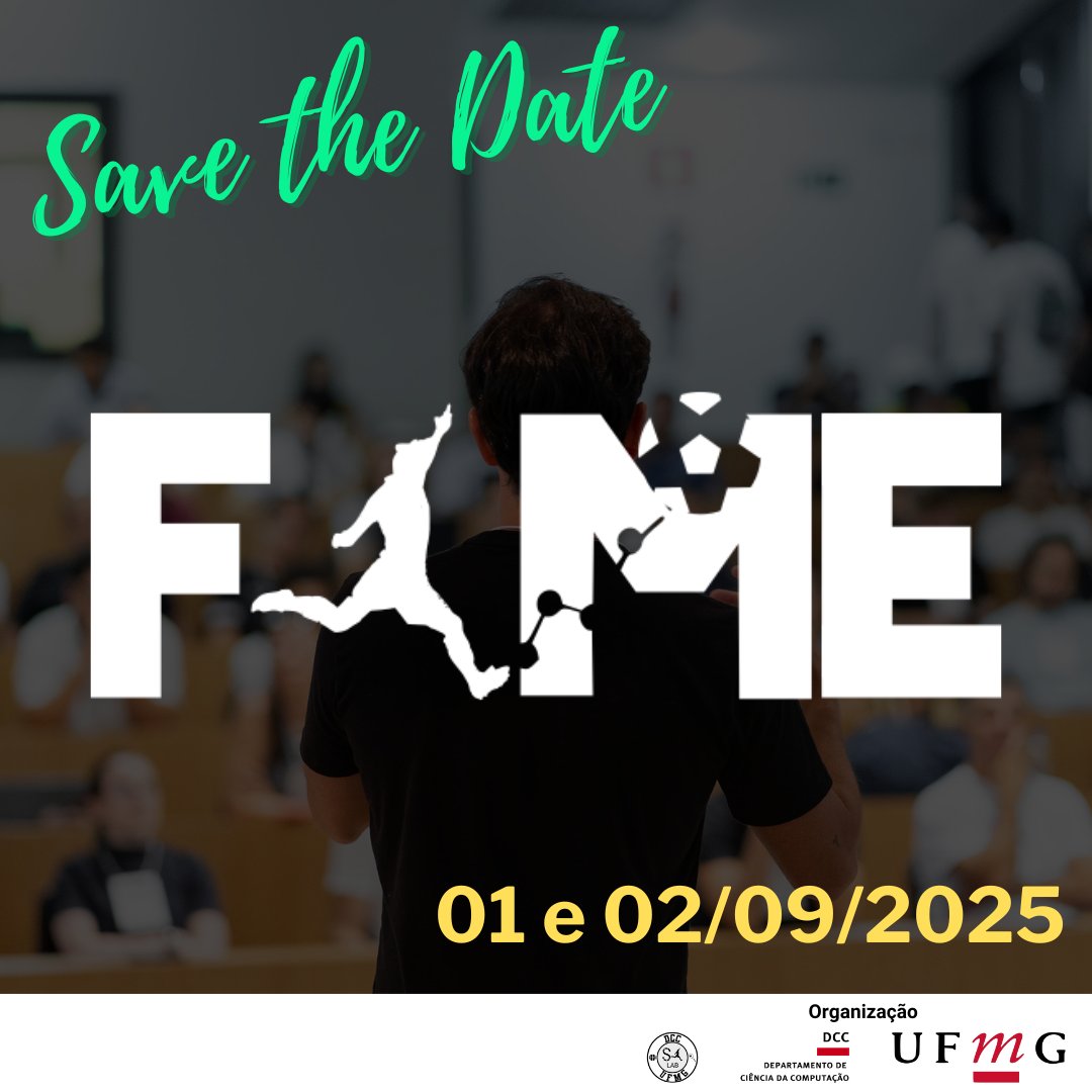🎯 SAVE THE DATE
FAME 25
📅 1 e 2 de setembro
📍 UFMG – BH
Do laboratório ao campo: dois dias para explorar o futuro do futebol com dados, ciência e criatividade.
#FAME25 #sportsanalytics #futureoffootball