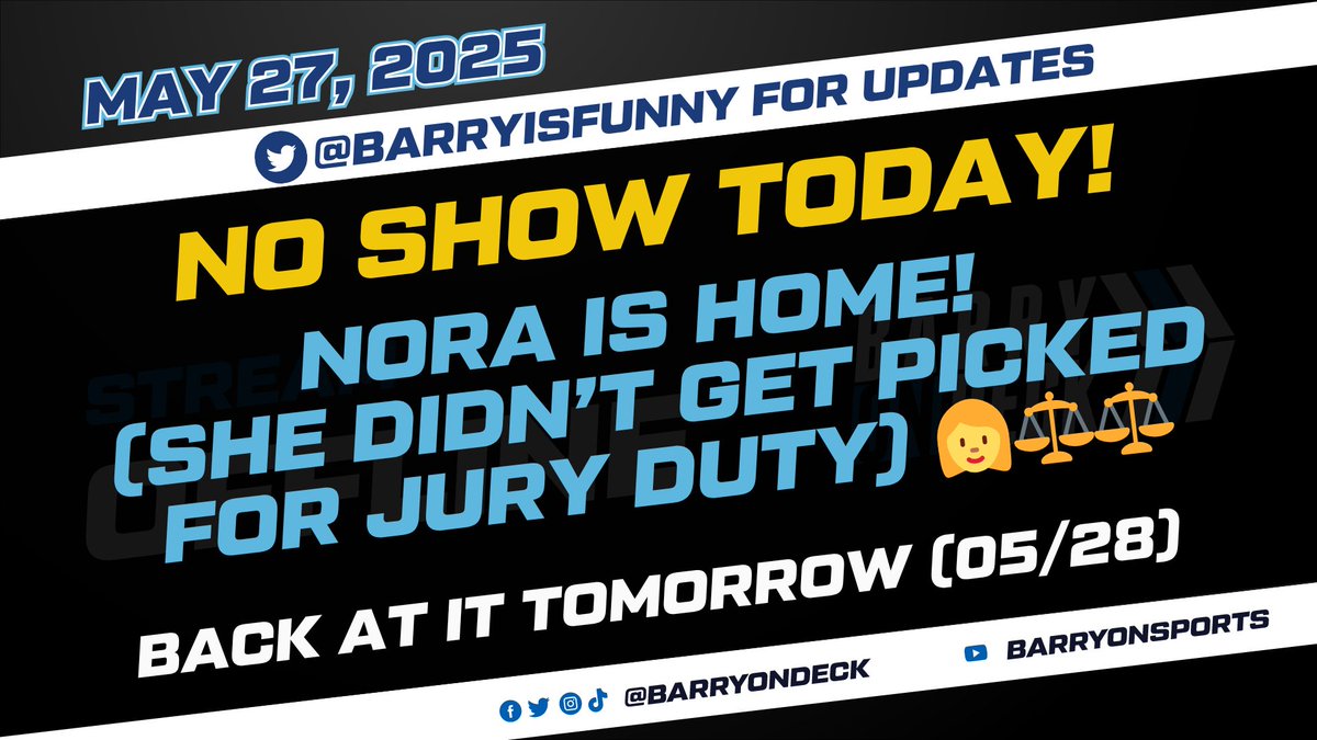 Barry Laminack (@barryisfunny) on Twitter photo WELP! Sorry kiddos but <a href="/BarryOnDeck/">Barry On Deck</a> show today. Nora had jury duty and didn't get picked. She got home a bit ago so we're going to curl up in bed and watch movies for the rest of the day.
See y'all tomorrow! WELP! Sorry kiddos but <a href="/BarryOnDeck/">Barry On Deck</a> show today. Nora had jury duty and didn't get picked. She got home a bit ago so we're going to curl up in bed and watch movies for the rest of the day.
See y'all tomorrow!