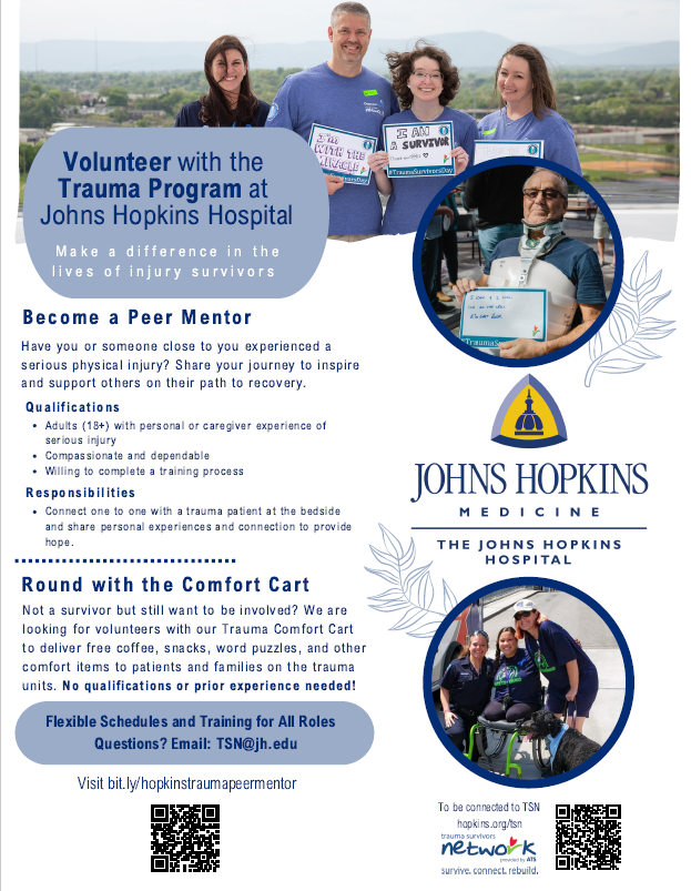 Johns Hopkins Trauma (@hopkinstrauma) on Twitter photo Want to volunteer with the Trauma Program at Johns Hopkins Hospital?
We're looking for Peer Mentors and Comfort Cart volunteers to support patients and families.
Learn more and sign up here: bit.ly/hopkinstraumapā¦
Questions? Email TSN@jh.edu Want to volunteer with the Trauma Program at Johns Hopkins Hospital?
We're looking for Peer Mentors and Comfort Cart volunteers to support patients and families.
Learn more and sign up here: bit.ly/hopkinstraumapā¦
Questions? Email TSN@jh.edu
