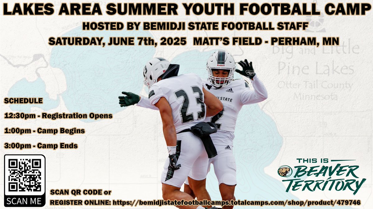 Our Summer Youth Camp is heading to Lakes Area for K-5th Graders on Saturday, June 7th! 

You may register below!
💻 …idjistatefootballcamps.totalcamps.com/shop/product/4…

#BeaverTerritory 🦫🟢⚪️⚫️