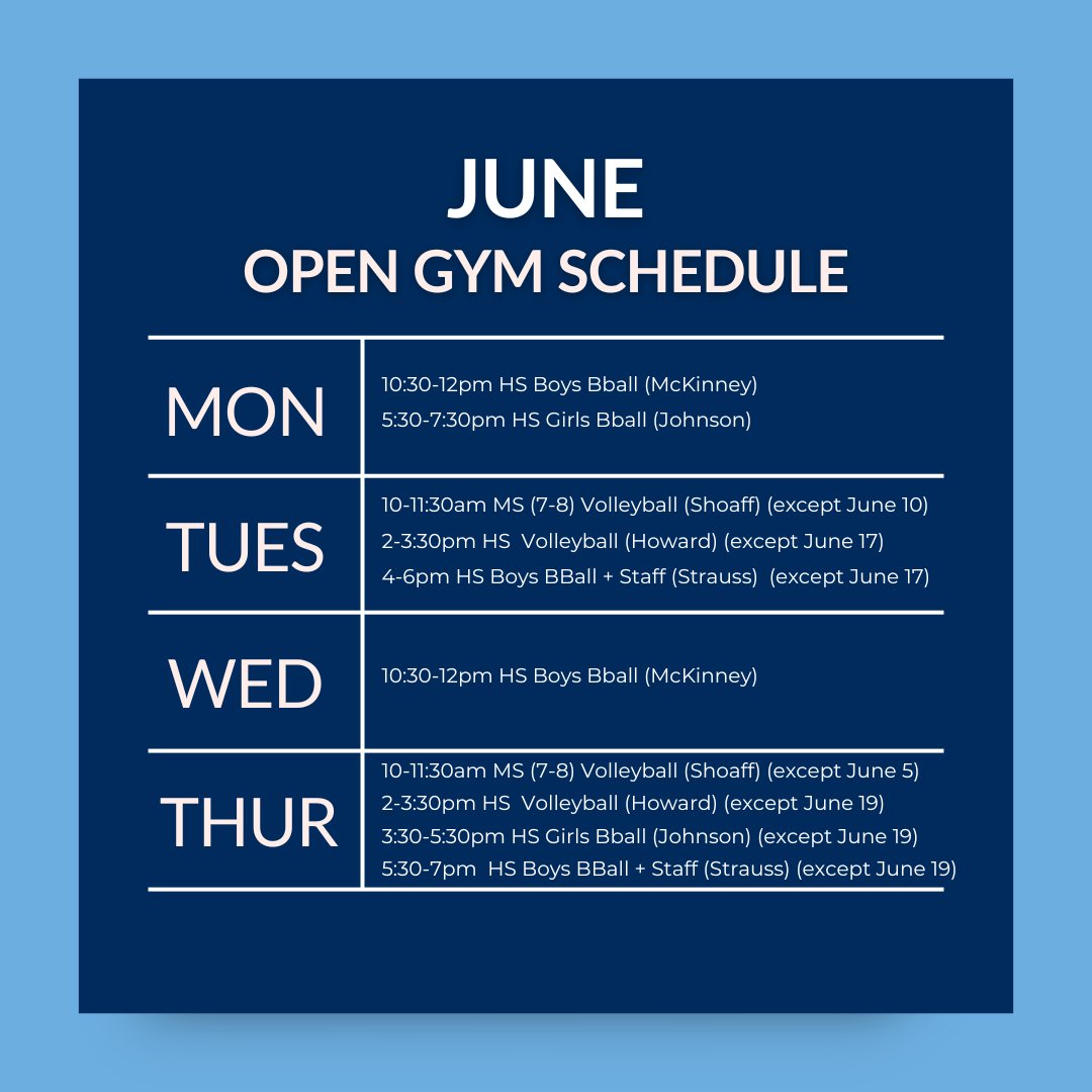 Athletes: It's time to prepare for next year!! Take a look at the open gyms we have available and grab a buddy or two and head up to the MAC. See you there! #HillCoAthletics 

July schedule will be out at a later time!