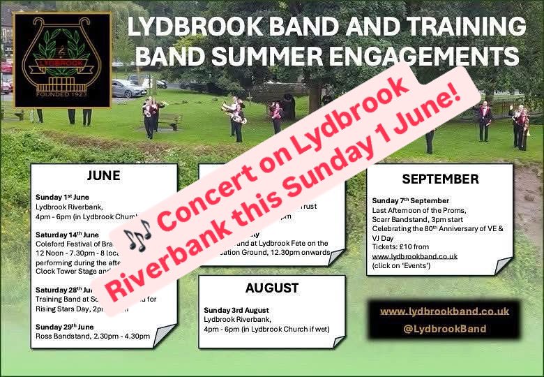 1/2 🎶 Don’t miss Lydbrook Band this Sunday, 1st June, as we perform on the picturesque riverbank at Lower Lydbrook. The concert will start at 4pm until about 6pm and we will be conducted by our new Musical Director, Brett Baker.