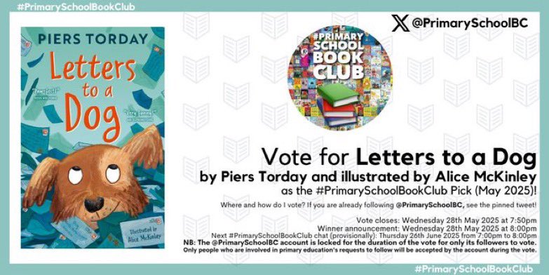 Piers Torday (@pierstorday) on Twitter photo Vote for Dog! We're delighted that Letters to a Dog has been included in the #PrimarySchoolBookClub May 2025 vote this evening. Head to <a href="/PrimarySchoolBC/">#PrimarySchoolBookClub</a> and vote for it using the pinned tweet! <a href="/BarringtonStoke/">Barrington Stoke</a> Vote for Dog! We're delighted that Letters to a Dog has been included in the #PrimarySchoolBookClub May 2025 vote this evening. Head to <a href="/PrimarySchoolBC/">#PrimarySchoolBookClub</a> and vote for it using the pinned tweet! <a href="/BarringtonStoke/">Barrington Stoke</a>