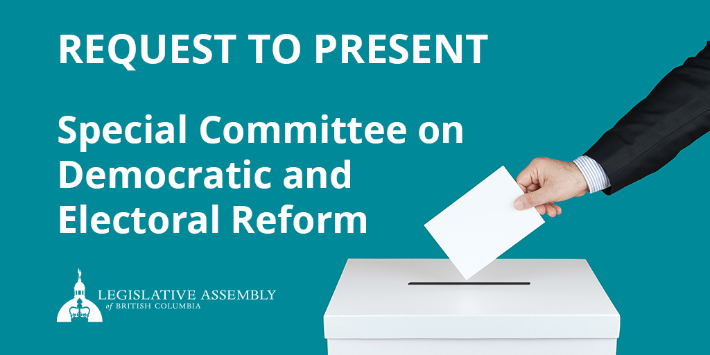Reminder! The deadline to indicate your interest in presenting on democratic engagement, voter participation, and electoral reform to a #BCLeg special committee is Thursday at 2pm. For more info and to register, visit: bcleg.ca/consultations