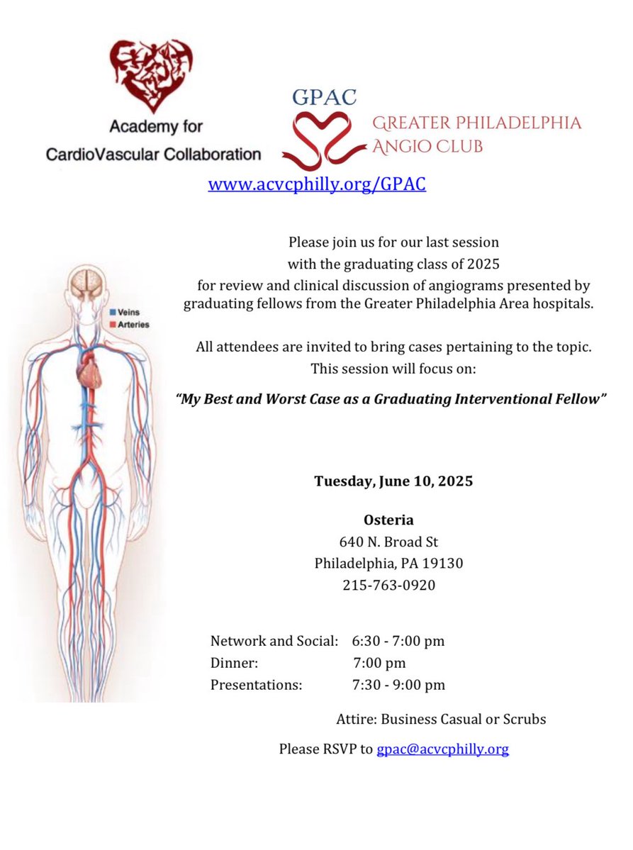 Phila Angio Club (@gpangioclub) on Twitter photo Last #GPAC before we graduate our latest interventional fellows! Join us for a stimulating presentation of “best & worst” cases from our outgoing fellows on Tuesday June 10 <a href="/OsteriaPhilly/">Osteria Philly</a>
<a href="/PennCVFellows/">Penn Cardiology Fellows</a> <a href="/TJHeartFellows/">Jefferson Cardiology Fellows</a> <a href="/LankenauCV/">Lankenau CV Fellowship</a> <a href="/TempleCards/">Temple Cardiology Fellowship</a> <a href="/CooperCVFellows/">Cooper Cardiology Fellows</a> <a href="/ReVascMed/">ReVascMed</a> Last #GPAC before we graduate our latest interventional fellows! Join us for a stimulating presentation of “best & worst” cases from our outgoing fellows on Tuesday June 10 <a href="/OsteriaPhilly/">Osteria Philly</a>
<a href="/PennCVFellows/">Penn Cardiology Fellows</a> <a href="/TJHeartFellows/">Jefferson Cardiology Fellows</a> <a href="/LankenauCV/">Lankenau CV Fellowship</a> <a href="/TempleCards/">Temple Cardiology Fellowship</a> <a href="/CooperCVFellows/">Cooper Cardiology Fellows</a> <a href="/ReVascMed/">ReVascMed</a>