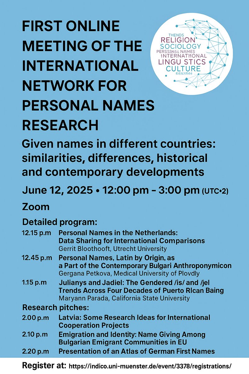 e-Onomastics: 🌐 First Online #Meeting of the International #Network for #Personal #Names #Research e-onomastics.blogspot.com/2025/05/first-… On June 12, 2025, #onomasticians and #scholars will come together for a landmark #event hosted by Anna-Maria #Balbach (Germany) and Emilia #Aldrin (Sweden).