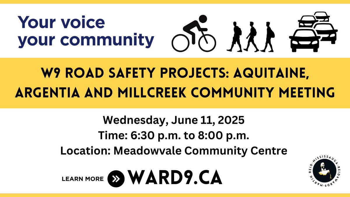 Join Active Transport staff and I on Wed. June 11 from 6:30 - 8 pm for a public information session about the Ward 9 Road Safety Projects: Aquitaine, Argentia and Millcreek. Visit Ward9.ca for full event details.