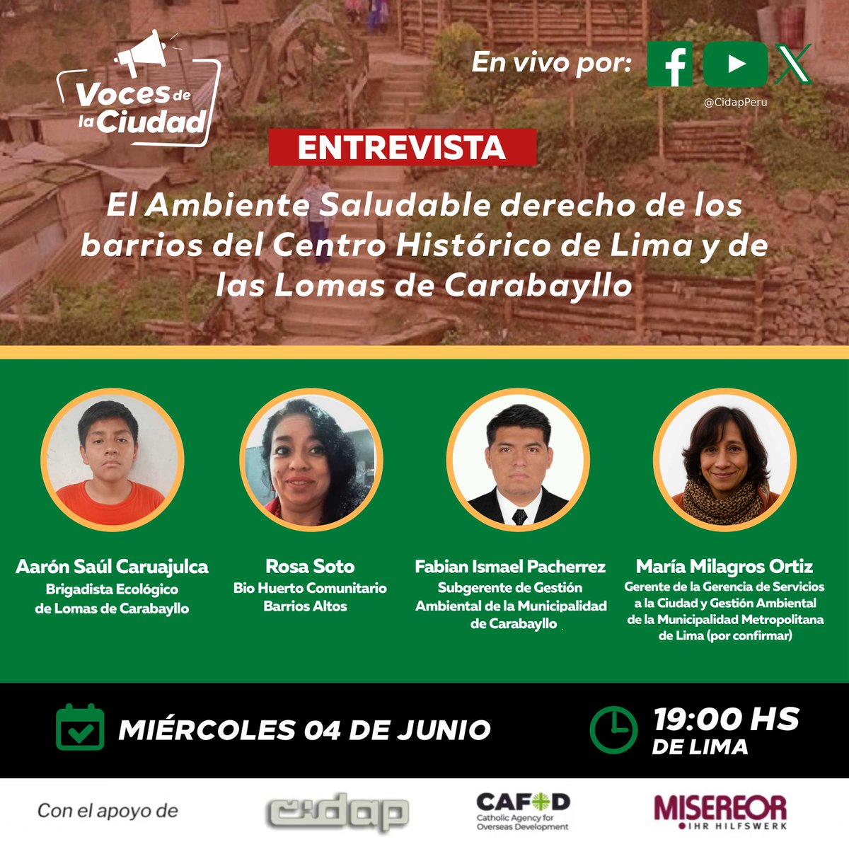 📣INVITACIÓN: VOCES DE LA CIUDAD 🇵🇪

Les invitamos a una nueva transmisión de Voces de la Ciudad en vivo por Facebook Cidap Perú y YouTube <a href="/cidapperu/">CIDAP</a> de CIDAP PERU este miércoles 04 de junio a las 7:00 pm (hora de Lima).

El tema que se abordará es sobre “El Ambiente Saludable,