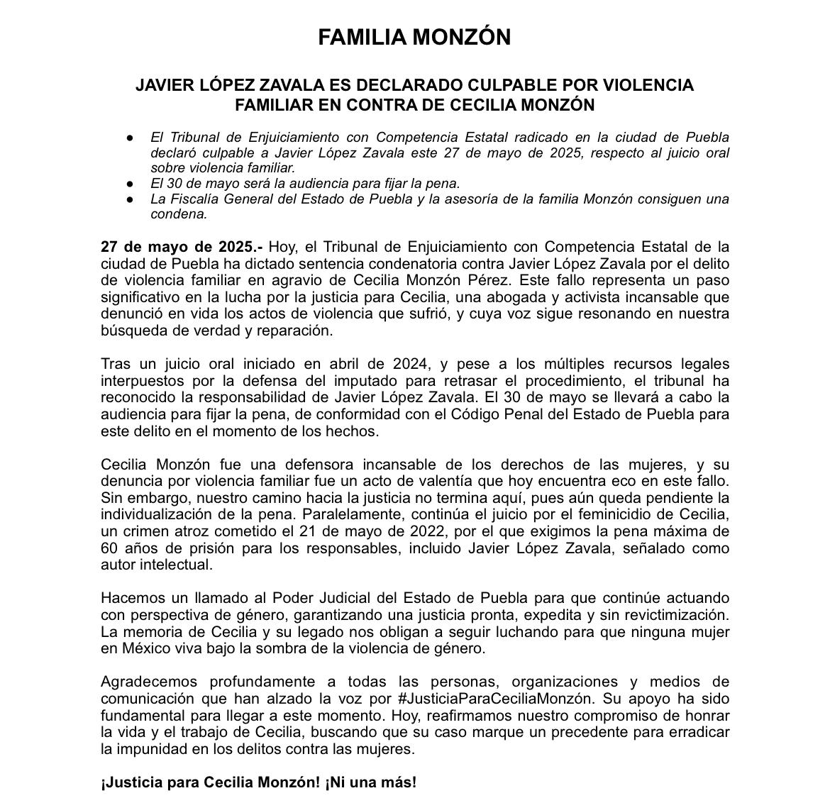 #ÚltimaHora | Javier López Zavala, ex candidato del #PRI a la gubernatura de #Puebla en 2010, ha sido declarado culpable de violencia familiar contra la activista Cecilia Monzón, víctima de feminicidio presuntamente a manos del político.
Este viernes se conocerá la sentencia. 👩🏻‍⚖️