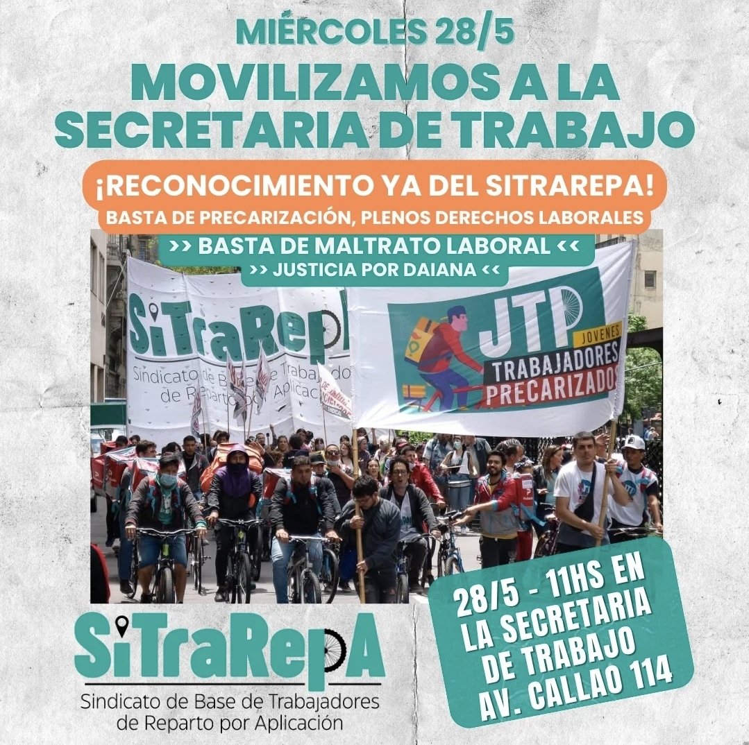 Mañana (28/5) acompañaremos a las y los repartidores por aplicación en la movilización que realizarán a la Secretaría de Trabajo a las 11hs.

¡Basta de precarización laboral!
¡Reconocimiento ya del SiTraRepa!