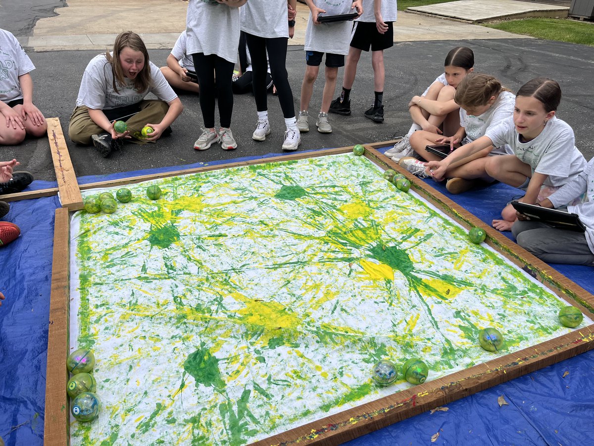 During field day, 5th graders got creative with code! Using <a href="/Sphero/">Sphero</a> robots &amp; our school colors, they engineered colorful paintings while experimenting with speed &amp; direction for maximum impact. Lots of great problem-solving &amp; fun! <a href="/NordPrincipal/">Ashley Harigan</a>