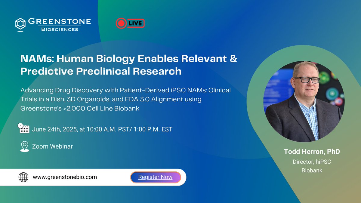 Greenstone Biosciences (@greenstonebio) on Twitter photo Revolutionize drug discovery with NAMs! 💡
Join <a href="/GreenstoneBio/">Greenstone Biosciences</a>'s FREE webinar on using patient iPSCs to boost efficacy, safety & translation.
📅 June 24 | ⏰ 10 AM PDT
🔗 Register: us06web.zoom.us/webinar/regist…
#DrugDiscovery #iPSC #NAM #FDA #Biotech #Organoids #PreclinicalResearch Revolutionize drug discovery with NAMs! 💡
Join <a href="/GreenstoneBio/">Greenstone Biosciences</a>'s FREE webinar on using patient iPSCs to boost efficacy, safety & translation.
📅 June 24 | ⏰ 10 AM PDT
🔗 Register: us06web.zoom.us/webinar/regist…
#DrugDiscovery #iPSC #NAM #FDA #Biotech #Organoids #PreclinicalResearch