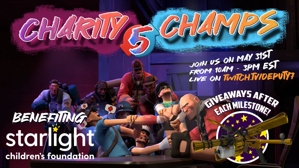 Deputy7 (@deputy71) on Twitter photo I'm Excited to announce a New Charity Champs Event this Saturday on the 31st! Our 5th event is in Support of <a href="/StarlightUS/">starlightUS</a> to benefit hospitalized kids! Get ready for a chaotic highlander #TF2 matchup that you don't want to miss! See you there! š„³š
tiltify.com/@deputy7/chari⦠I'm Excited to announce a New Charity Champs Event this Saturday on the 31st! Our 5th event is in Support of <a href="/StarlightUS/">starlightUS</a> to benefit hospitalized kids! Get ready for a chaotic highlander #TF2 matchup that you don't want to miss! See you there! š„³š
tiltify.com/@deputy7/chariā¦