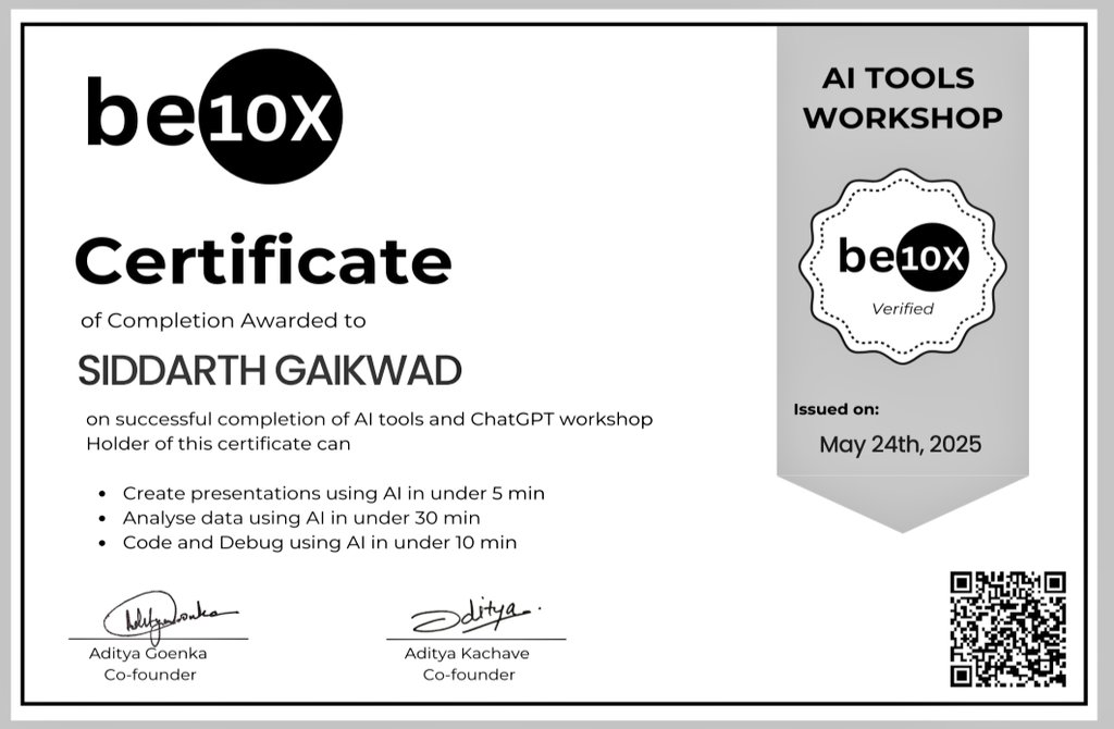 siddarth_032's tweet image. Leveling Up in My AI Journey!
Thrilled to share that I’ve taken another big step in my learning journey towards Machine Learning and Deep Learning 🧠⚙️.
I recently completed an insightful course by.be10x where I explored trending AI tools 🤖,learned practical tech skills🛠️#be10X