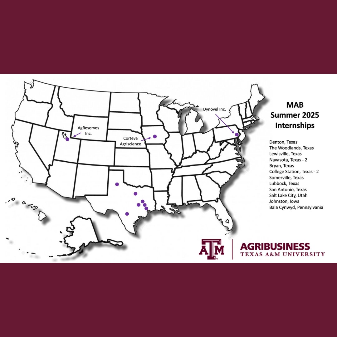 aggieMAB's tweet photo. These are the companies and locations associated with our MAB interns this summer! We are so excited for them, and can't wait to hear about their experiences from these amazing opportunities!!! https://t.co/M8CjB3ETML
