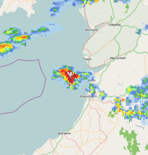 Lightning detected to the north of Aberystwyth in Wales.

Lightning map: lightningmaps.org
Radar: netweather.tv/live-weather/r…
