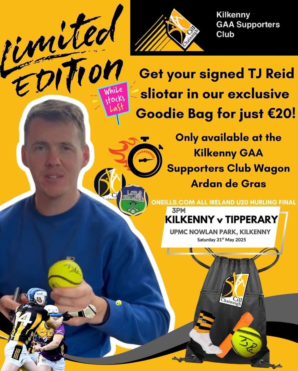 kksupporters's tweet photo. 🚨TJ REID signed sliotar!🚨Get your Kilkenny GAA goodie bag including a TJ Reid signed sliotar for only €20 at the Kilkenny GAA Supporters Club wagon behind Ardán de Gras this Saturday! #upthecats #bequick #limitededition https://t.co/y7iqIqH0IA