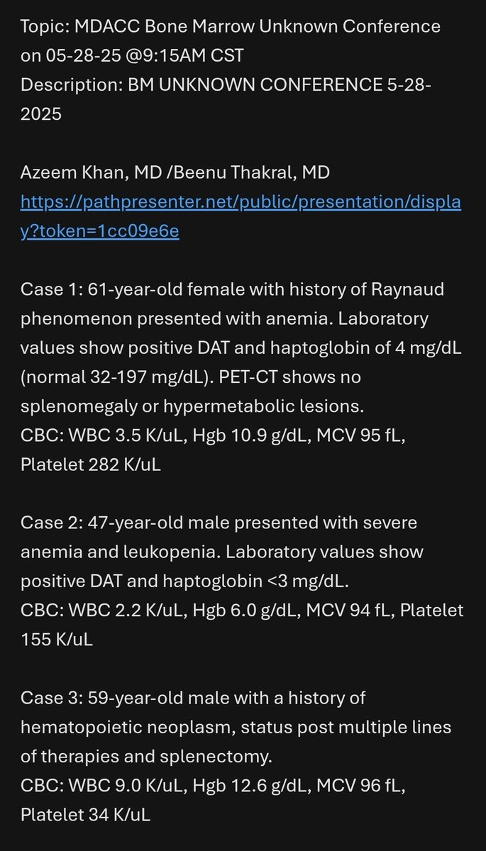 You are invited to join our  MDACC Bone Marrow Unknown Conference with Dr Beenu Thakral on Wednesday, May 28th at 9:15am CST.

Slides are here: pathpresenter.net/public/present…

Zoom link: mdacc.zoom.us/j/86506592157?…