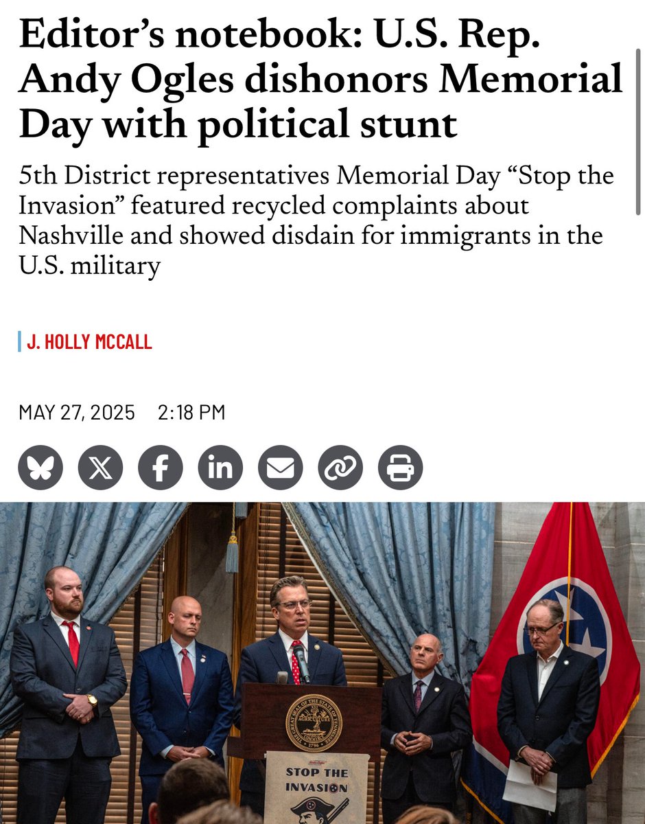 The Tennessee Holler (@thetnholler) on Twitter photo 🔥 <a href="/jhollymc/">Holly McCall</a>: “incredibly unpatriotic of Ogles to hijack a revered federal holiday and spit in the faces of immigrants who served— These stunts may be his way of distracting from his finance irregularities + stories about inflating his resume.” 👏🏽 tennesseelookout.com/2025/05/27/edi… 🔥 <a href="/jhollymc/">Holly McCall</a>: “incredibly unpatriotic of Ogles to hijack a revered federal holiday and spit in the faces of immigrants who served— These stunts may be his way of distracting from his finance irregularities + stories about inflating his resume.” 👏🏽 tennesseelookout.com/2025/05/27/edi…