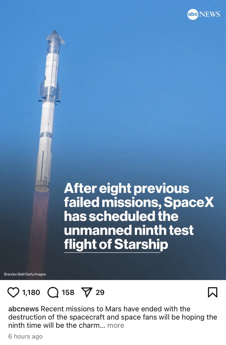 SawyerMerritt's tweet image. This is why people hate the legacy media.

ABC says “Recent missions to Mars have ended with the destruction of the spacecraft.”

They were TEST FLIGHTS. Not Mars missions 🤦🏻‍♂️