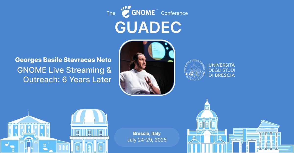 📺 "GNOME Live Streaming &amp; Outreach: 6 Years Later"
with Georges Stavracas at #GUADEC2025
📅 24 July 🕒 09:40 CEST 📍 Brescia

🎥 Georges shares how 6 years of streaming GNOME dev helped grow the community—and why it’s worth trying.

🔗  events.gnome.org/event/259/cont…

#LiveStreaming