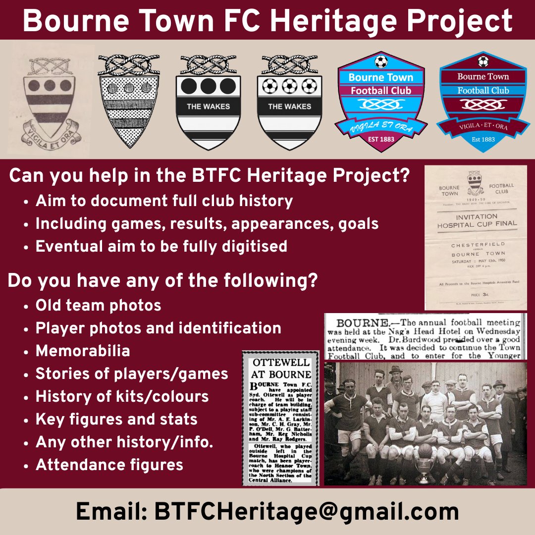 The Heritage Project for <a href="/BourneTownFC/">Bourne Town FC</a> is in full swing but its a huge job to trace as much history over almost 150 years, with much of it currently not documented.

If you , or anyone, has anything that may help, please do feel free to send it to myself or email in