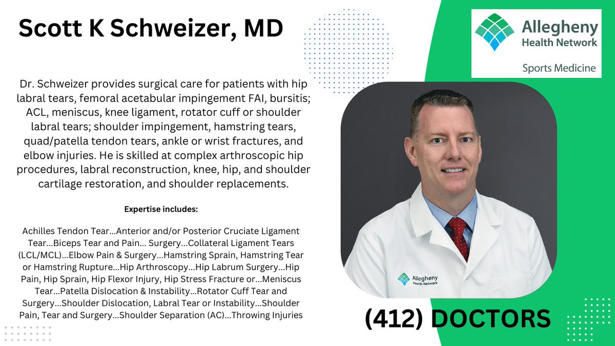 Need an Ortho? Get an appointment with Dr Scott Schweizer, MD with offices in Peters Twp. and Bethel Park. <a href="/AHNSportsMed/">AHN Sports Medicine & Performance</a> <a href="/chbucs1/">C-H Updates and Athletics</a>