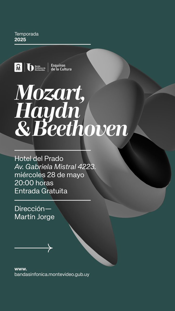 🔈 MAÑANA vuelve la Banda Sinfónica de Montevideo al oeste ‼️

📌 Miércoles 28 a la hora 20
📍 Hotel del Prado
🎼 Mozart , Haydn &amp; Beethoven 

Entrada libre , cupos limitados 🫶

<a href="/IMcultura/">Montevideo Cultura</a> <a href="/IMesquinas/">Esquinas de la Cultura</a> <a href="/hoteldelprado/">Hotel del Prado</a> <a href="/Comunal14/">Comunal Catorce</a>