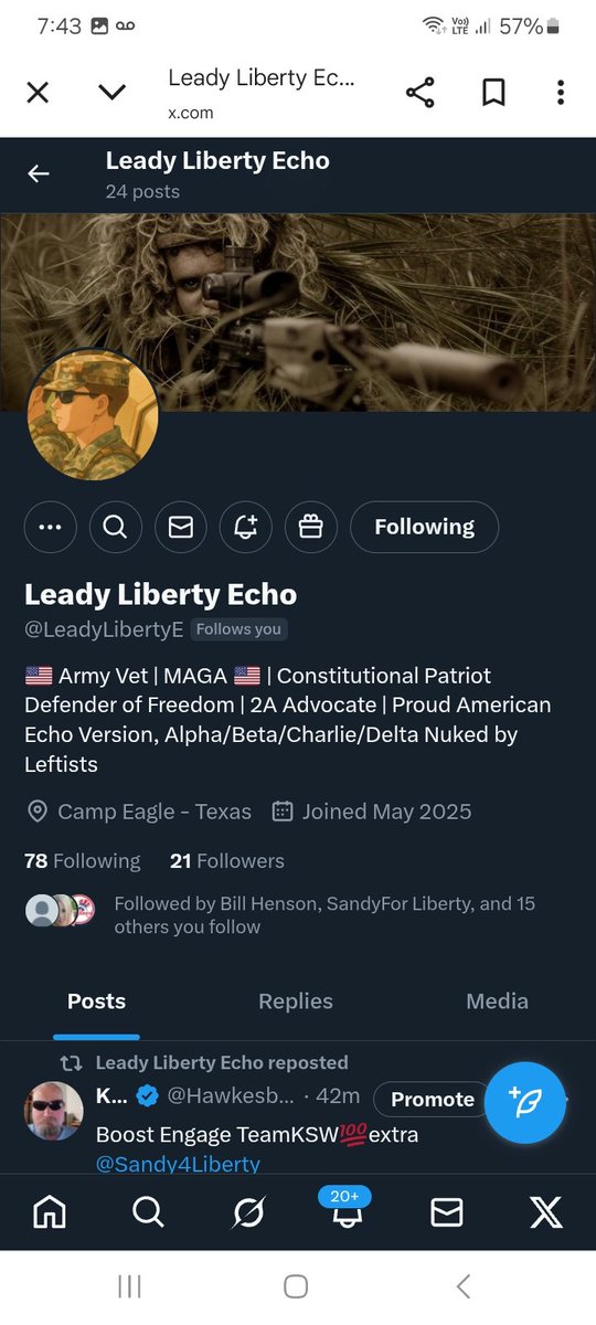 KJW (@hawkesbay69) on Twitter photo Another veteran account got nuked and is starting over ,please give <a href="/LeadyLibertyE/">Leady Liberty Echo</a> a follow and help with a repost if you can 💪🫶🤙👊💥💯🫡🇺🇸 Another veteran account got nuked and is starting over ,please give <a href="/LeadyLibertyE/">Leady Liberty Echo</a> a follow and help with a repost if you can 💪🫶🤙👊💥💯🫡🇺🇸