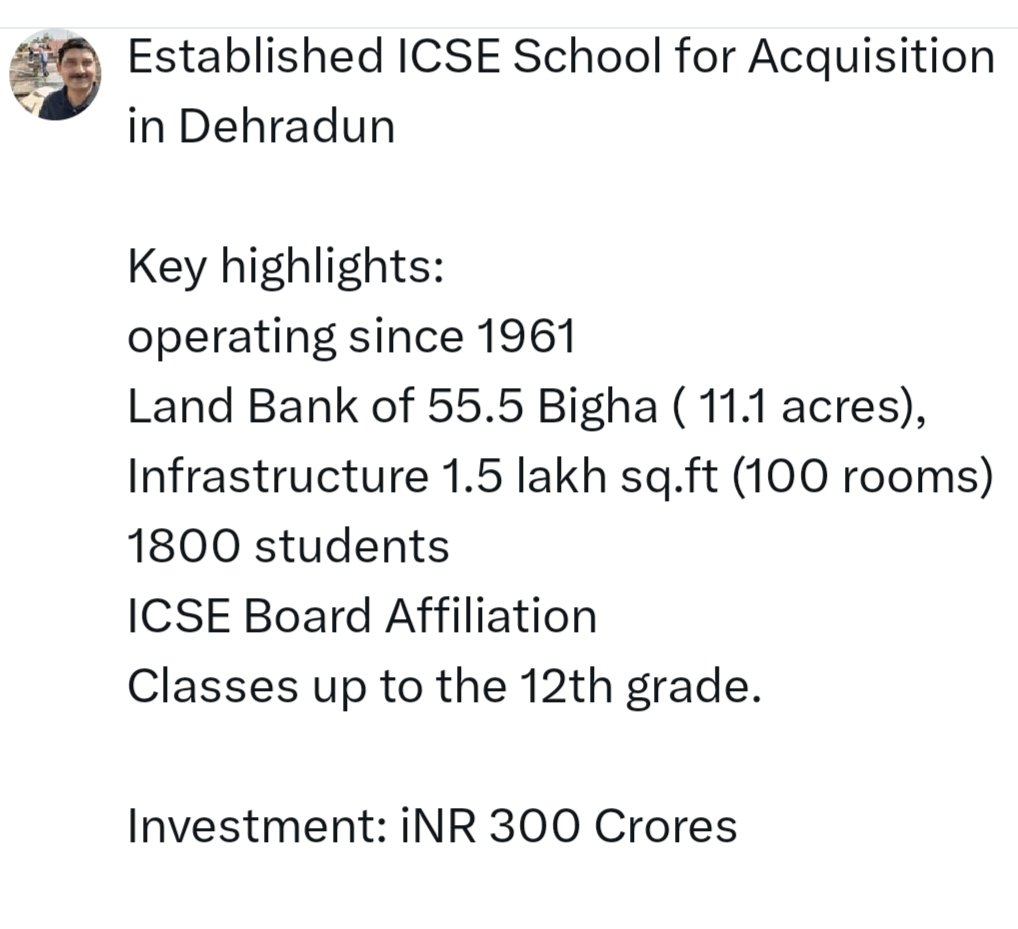 MahendruAmit's tweet photo. Rare Opportunity to Buy a School 
Established ICSE School for Acquisition in Dehradun
Key highlights:
operating since 1961
Land Bank of 55.5 Bigha ( 11.1 acres), 
Building 1.5 lakh sq.ft (100 rooms)
1800 students up to the 12th grade.

To Know More Call
Amit M-Propcare 8755105003 https://t.co/N32YzaR7uP