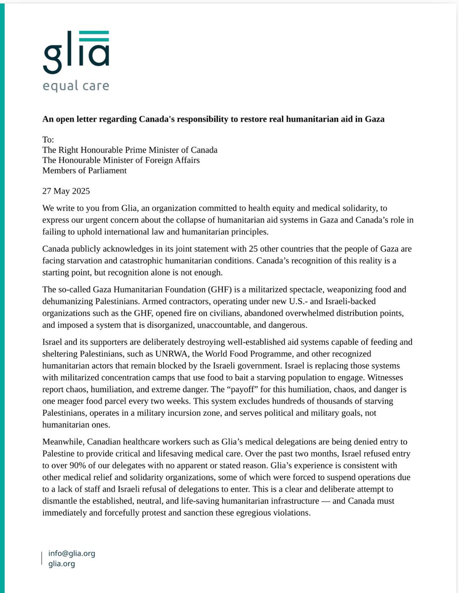 Glia_Intl's tweet image. An open letter to our government regarding Canada's responsibility to restore real humanitarian aid in Gaza.
@MarkJCarney @AnitaAnandMP
