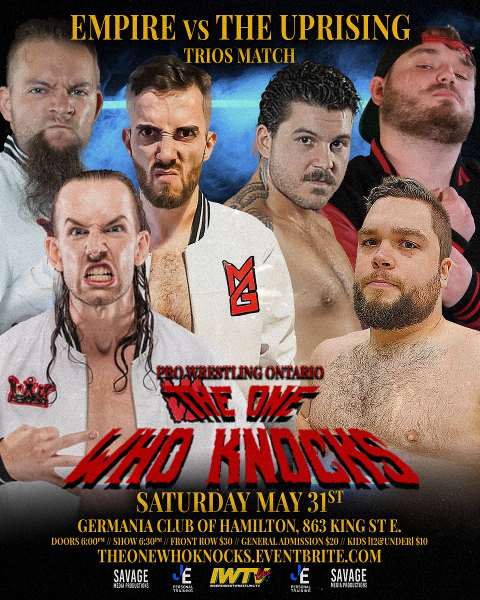 Pro Wrestling Ontario (@prowrestlingont) on Twitter photo 🌐 MATCH ANNOUNCEMENT 🌐
<a href="/GenGagnePW/">“Generational” Alex Gagne</a>, <a href="/MikeyJenkinsPW/">Mikey Jenkins</a> & B!RD look to make an impact in the trios division starting this Saturday as they face off against former Trios Champs <a href="/EmpireTagTeam/">Empire</a>!
Which trio comes out on top?!
Tickets on sale via <a href="/eventbrite/">Eventbrite</a>:
Theonewhoknocks.eventbrite.com 🌐 MATCH ANNOUNCEMENT 🌐
<a href="/GenGagnePW/">“Generational” Alex Gagne</a>, <a href="/MikeyJenkinsPW/">Mikey Jenkins</a> & B!RD look to make an impact in the trios division starting this Saturday as they face off against former Trios Champs <a href="/EmpireTagTeam/">Empire</a>!
Which trio comes out on top?!
Tickets on sale via <a href="/eventbrite/">Eventbrite</a>:
Theonewhoknocks.eventbrite.com