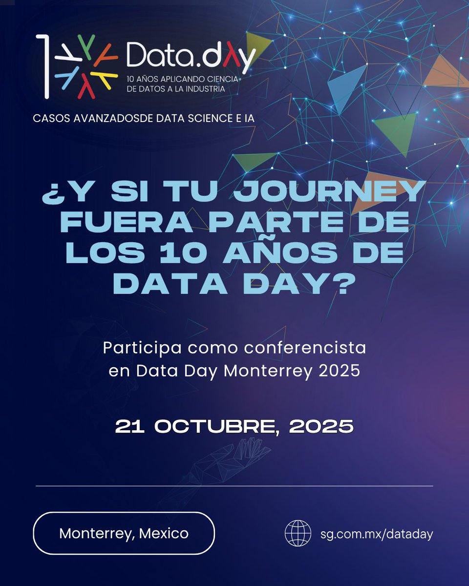 ¡Comparte tu journey en la edición 10° aniversario de #DataDay!
Este año no es cualquiera. Celebramos 10 años compartiendo aprendizajes reales en ciencia de datos e IA. ¡Tu experiencia puede inspirar a cientos de colegas!
Envía tu porpuesta aquí convoca.dev/data-day-2025/…