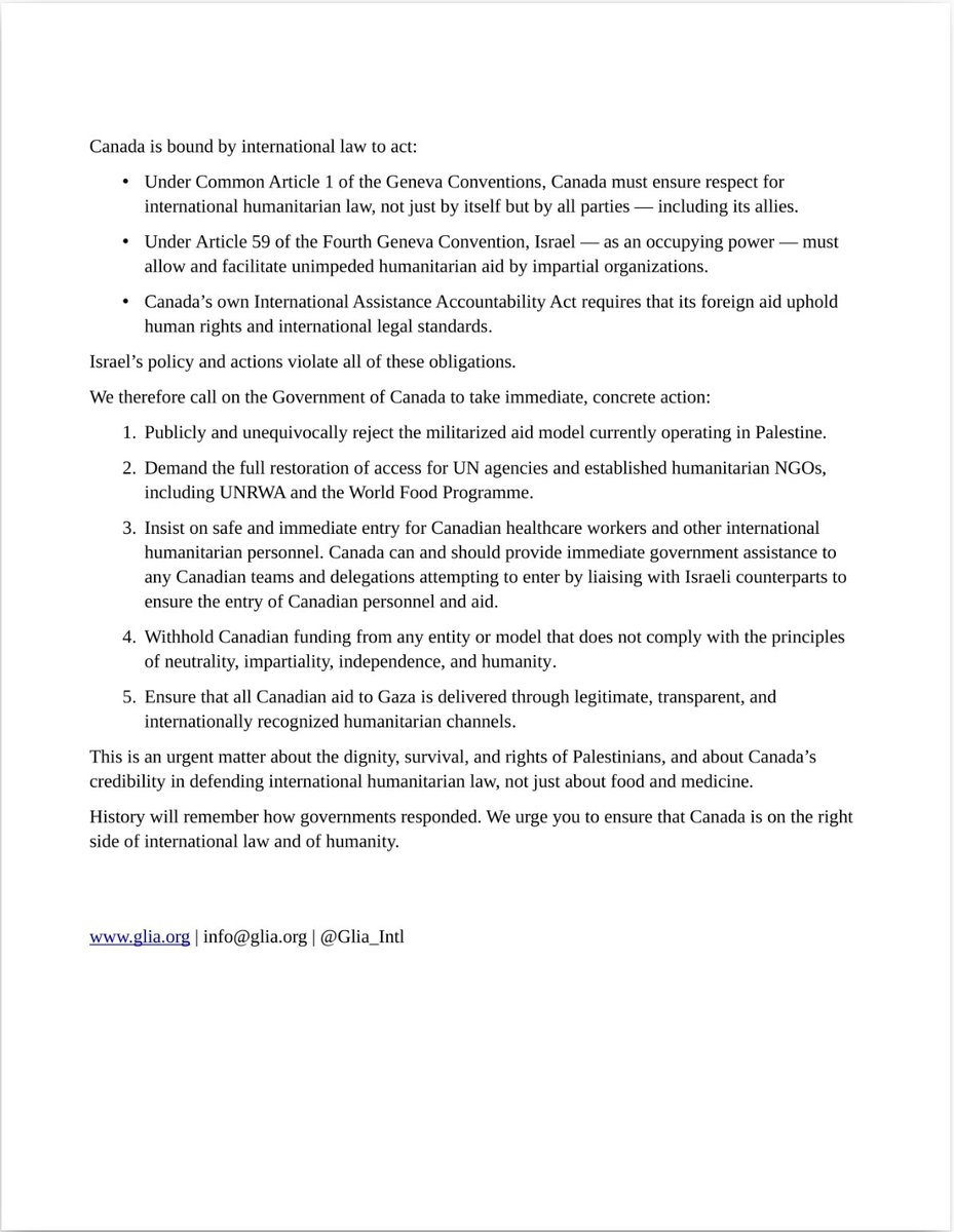 The Glia Project (@glia_intl) on Twitter photo An open letter to our government regarding Canada's responsibility to restore real humanitarian aid in Gaza.
<a href="/MarkJCarney/">Mark Carney</a> <a href="/AnitaAnandMP/">Anita Anand</a> An open letter to our government regarding Canada's responsibility to restore real humanitarian aid in Gaza.
<a href="/MarkJCarney/">Mark Carney</a> <a href="/AnitaAnandMP/">Anita Anand</a>