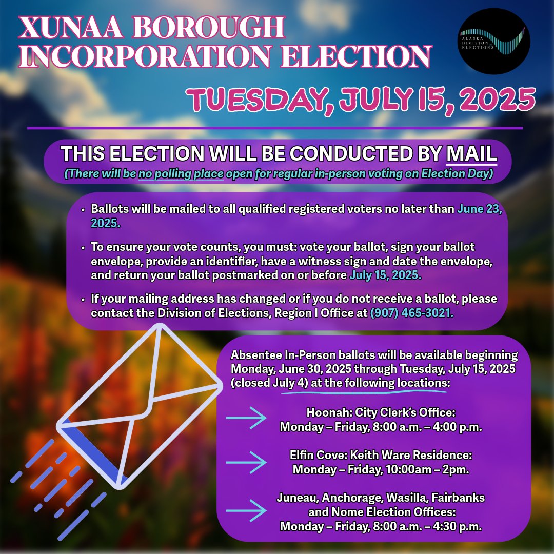 ak_elections's tweet image. #reminder For the July 15th Xunaa Borough Incorporation Election the candidate withdrawal deadline is May 28th. For more information on the election please go to: elections.alaska.gov
#AlaskaVotes #stateofalaska