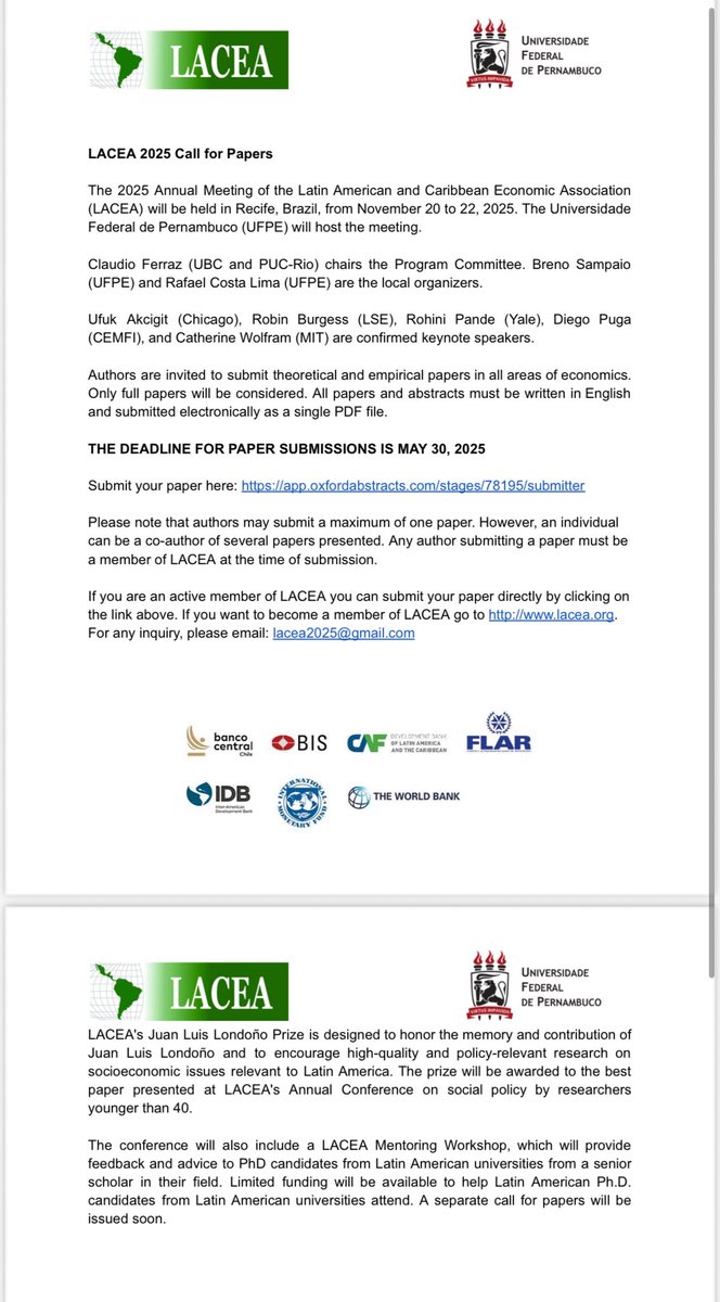 Nico Ajzenman (@nicolas_ajz) on Twitter photo Amigos,
Last days to apply to the annual meeting of LACEA. This year is in Recife (Brazil) and will be fantastic. <a href="/claudferraz/">Claudio Ferraz</a> chairs the program committee!
Apply here: auth.oxfordabstracts.com/?redirect=/sta… Amigos,
Last days to apply to the annual meeting of LACEA. This year is in Recife (Brazil) and will be fantastic. <a href="/claudferraz/">Claudio Ferraz</a> chairs the program committee!
Apply here: auth.oxfordabstracts.com/?redirect=/sta…