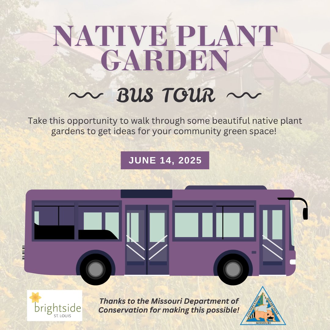 Join Brightside for a FREE Native Plant Garden Bus Tour on Saturday June 14, 2025 from 9 a.m. - 12:00 p.m. 

Be sure to sign up to secure your spot on the bus—you won’t want to miss this! Register online at bit.ly/bus-tour-regis… or call the Brightside office at (314) 772-4646.